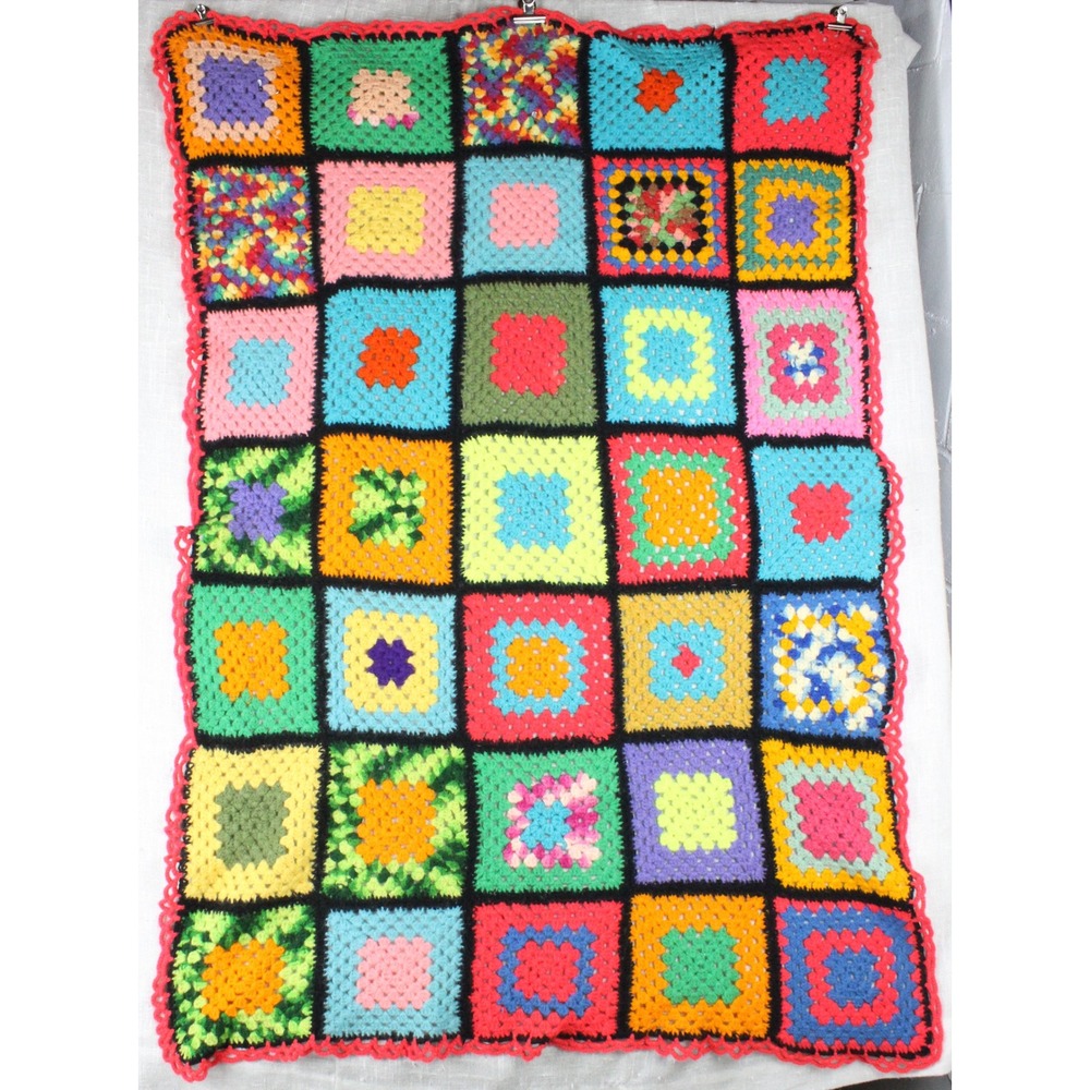 Vintage Handmade Granny Square Crochet Blanket Multi Color Boho Throw Afghan